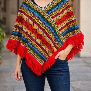 South American Woven Boho Fringe Poncho Colorful Folk Artisan Festival Wrap